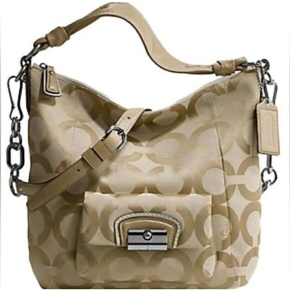 Coach Light Khaki Sand Kristin Signature Op Art Hobo Handbag 14911 Excellent - Picture 1 of 8